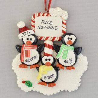 Feliz Navidad Penguin Family of Three Personalized Christmas Ornament