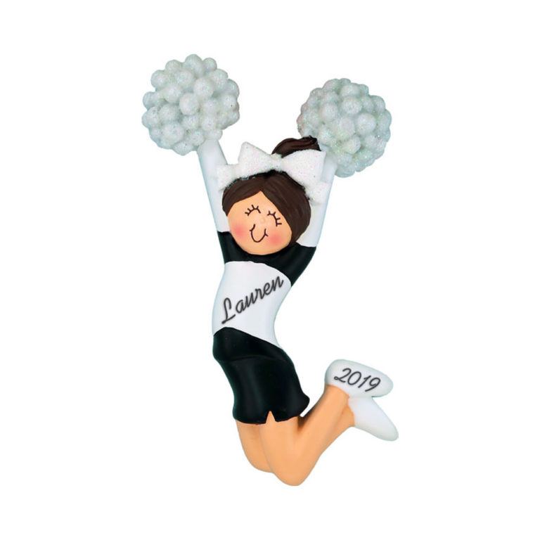 Cheerleader Jumping Black Uniform Brunette Hair Personalized Christmas Ornament Calliope Designs 