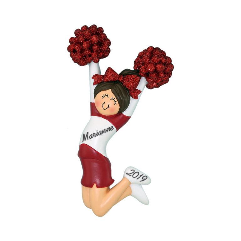 Cheerleader Jumping Red Uniform Brunette Hair Personalized Christmas Ornament Calliope Designs 